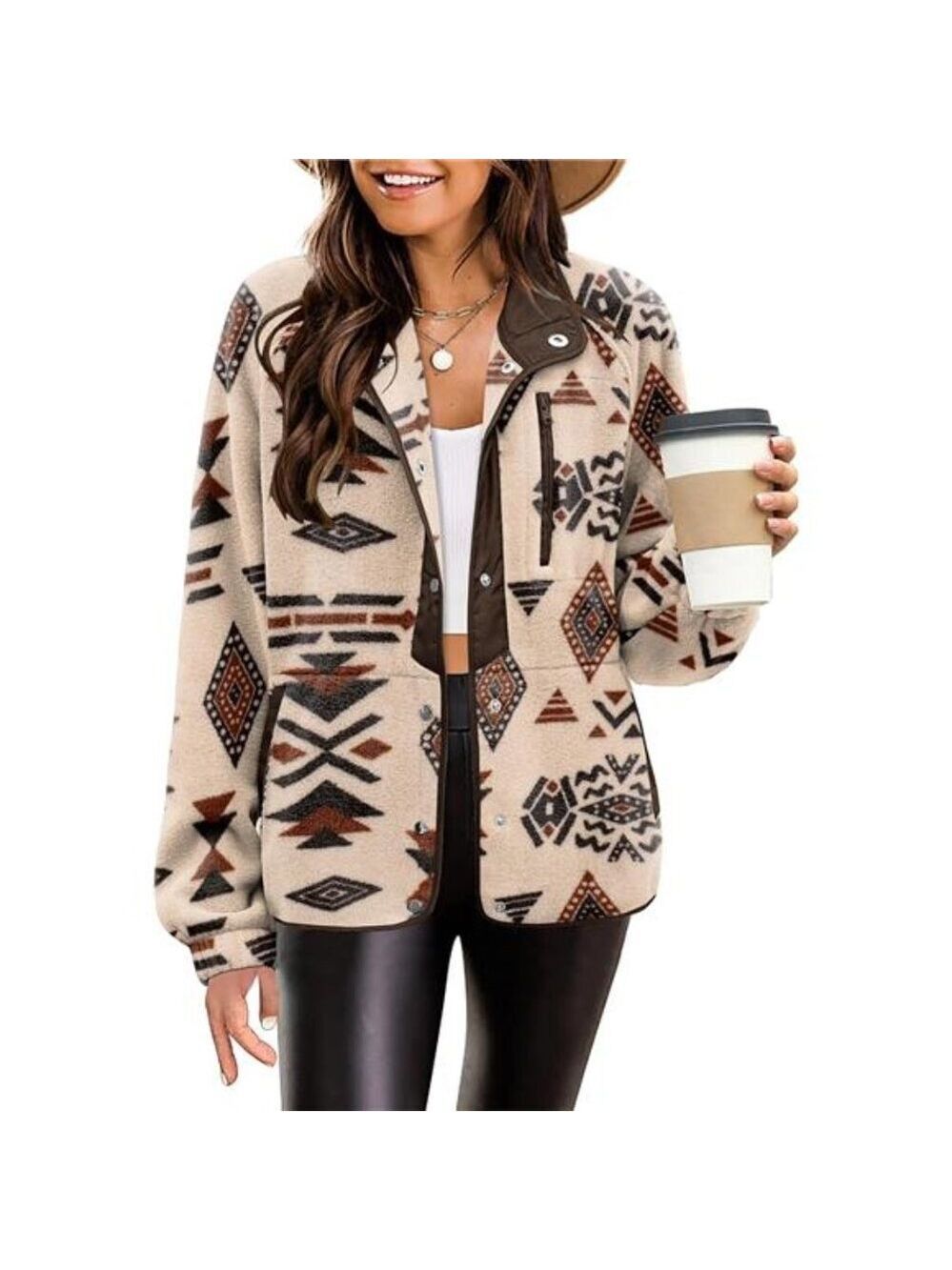 Women Fleece Jacket Cozy Snap Button Western Aztec Print Coat Pockets Warm Fall
